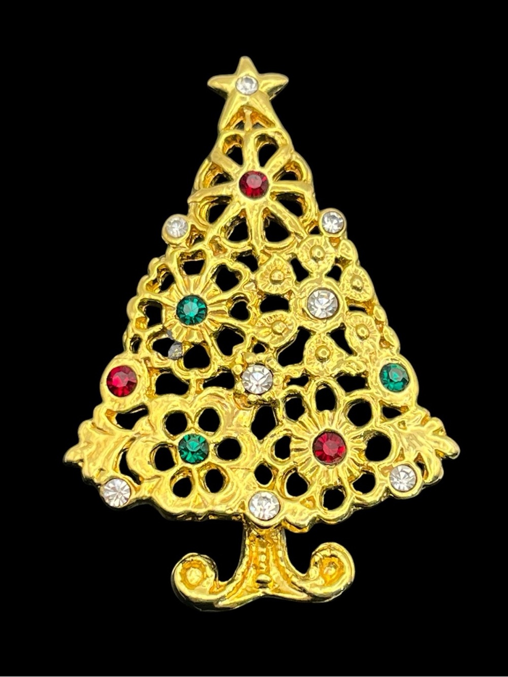 Christmas tree flower red & green rhinestone gold tone brooch pin star vintage